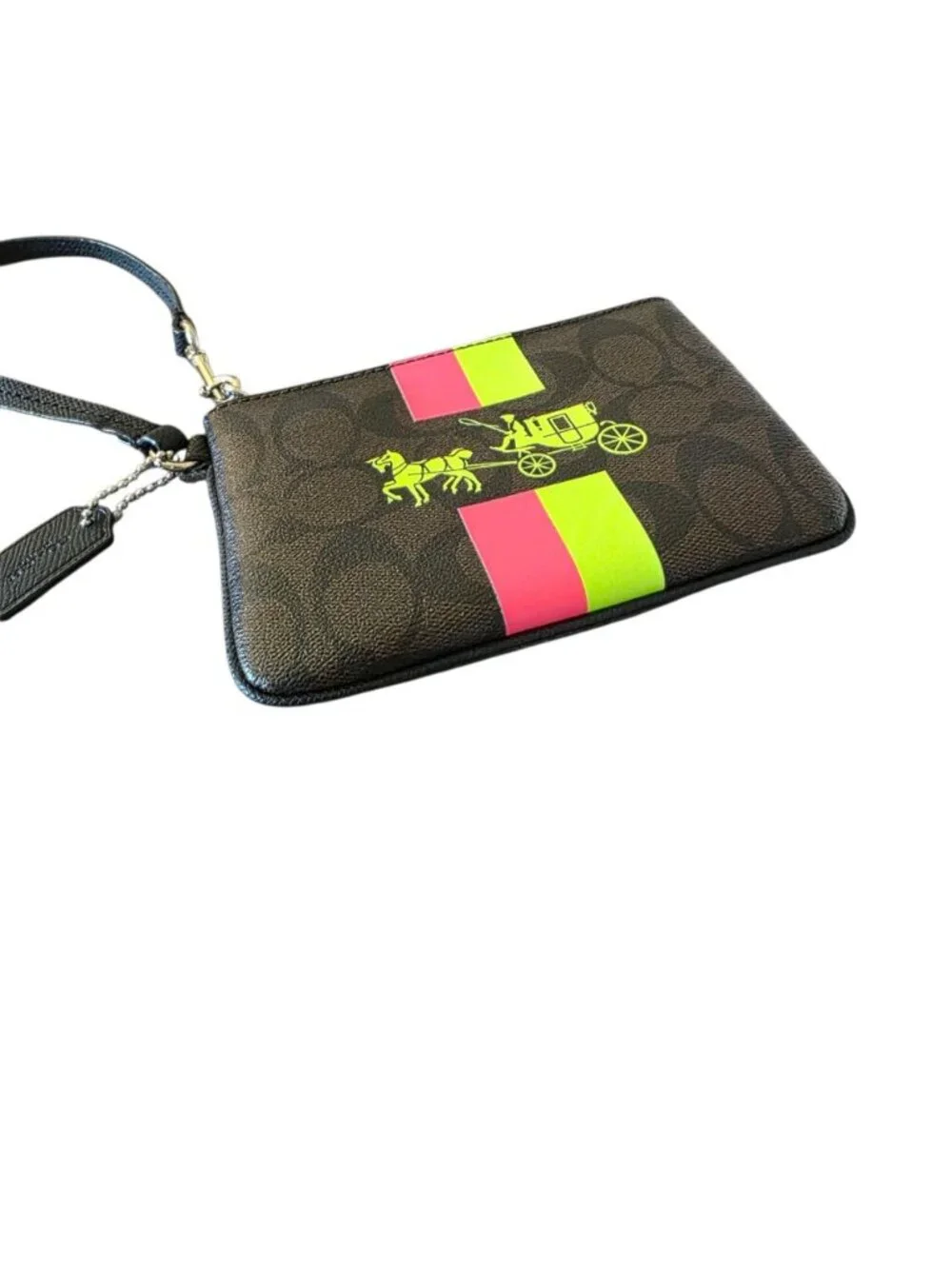 Coach Corner Zip Wristlet Signature Coated Canvas Neon Stripe Horse & Carriage